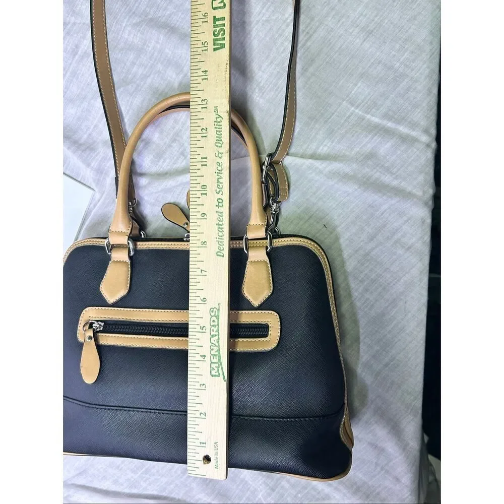 Giani Bernini Black Saffiano Dome Satchel Bag Tan Trim Crossbody Bag EUC